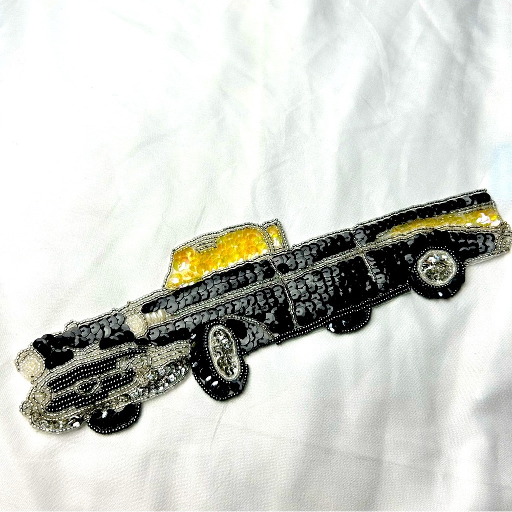 Vintage sequins black Chevy appliqué patch with beads New